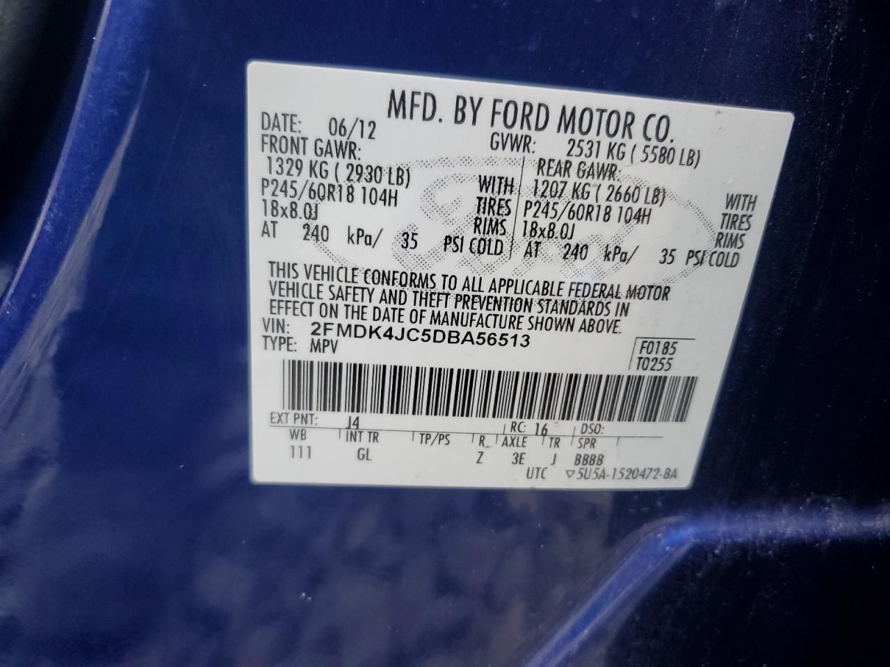 2013 Ford Edge Sel VIN: 2FMDK4JC5DBA56513 Lot: 70827815