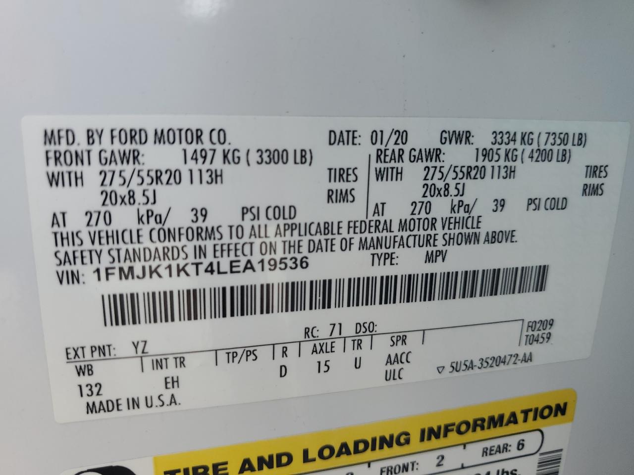 2020 Ford Expedition Max Limited VIN: 1FMJK1KT4LEA19536 Lot: 81666015