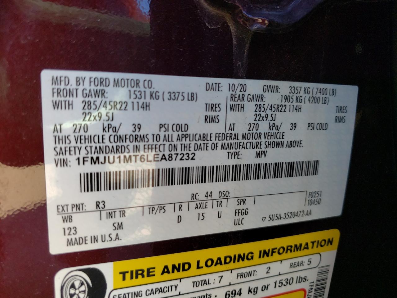 2020 Ford Expedition Platinum VIN: 1FMJU1MT6LEA87232 Lot: 81883895