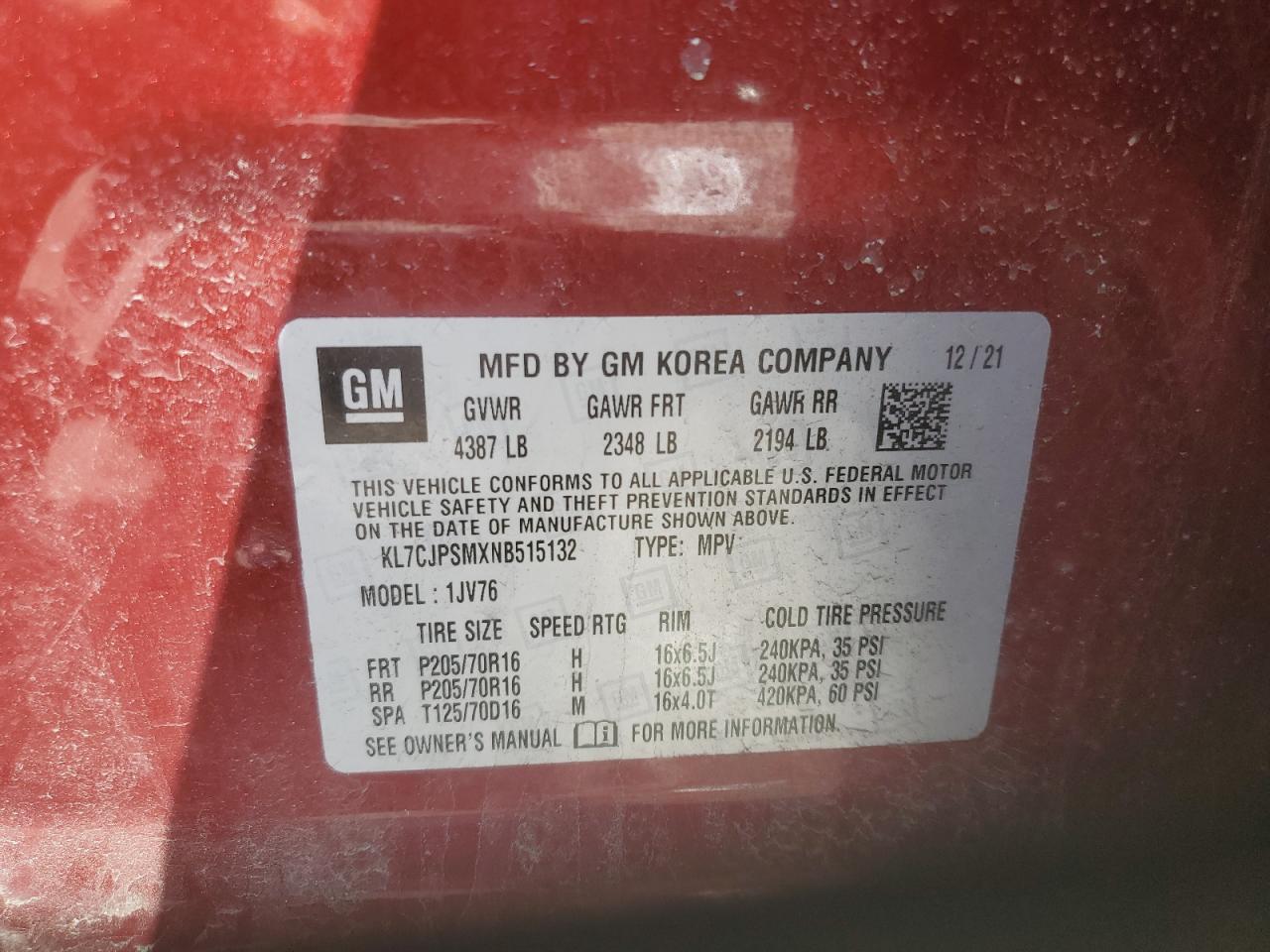 2022 Chevrolet Trax 1Lt VIN: KL7CJPSMXNB515132 Lot: 69959975