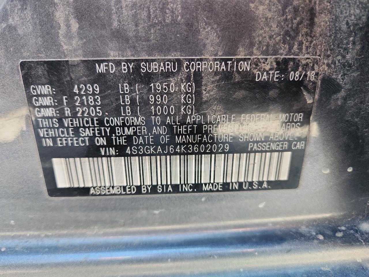 2019 Subaru Impreza Sport VIN: 4S3GKAJ64K3602029 Lot: 81312045