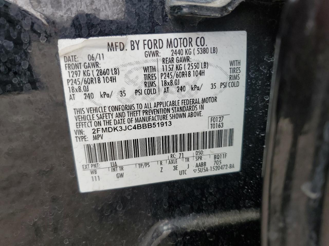 2011 Ford Edge Sel VIN: 2FMDK3JC4BBB51913 Lot: 81882475