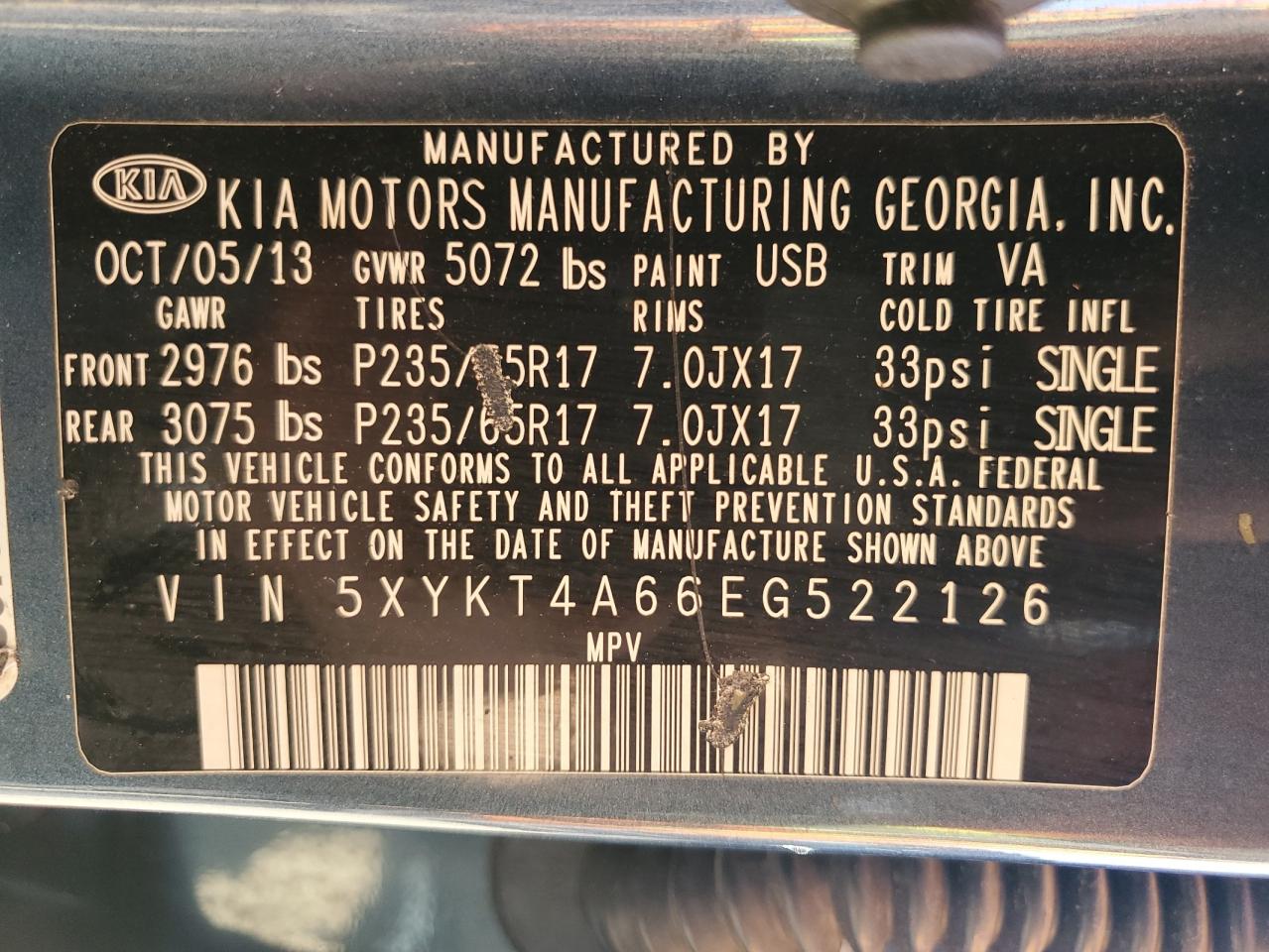 2014 Kia Sorento Lx VIN: 5XYKT4A66EG522126 Lot: 80641235