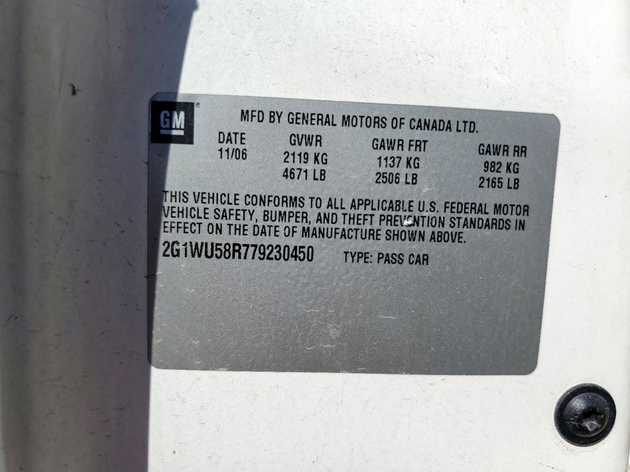 2007 Chevrolet Impala Ltz VIN: 2G1WU58R779230450 Lot: 81865795