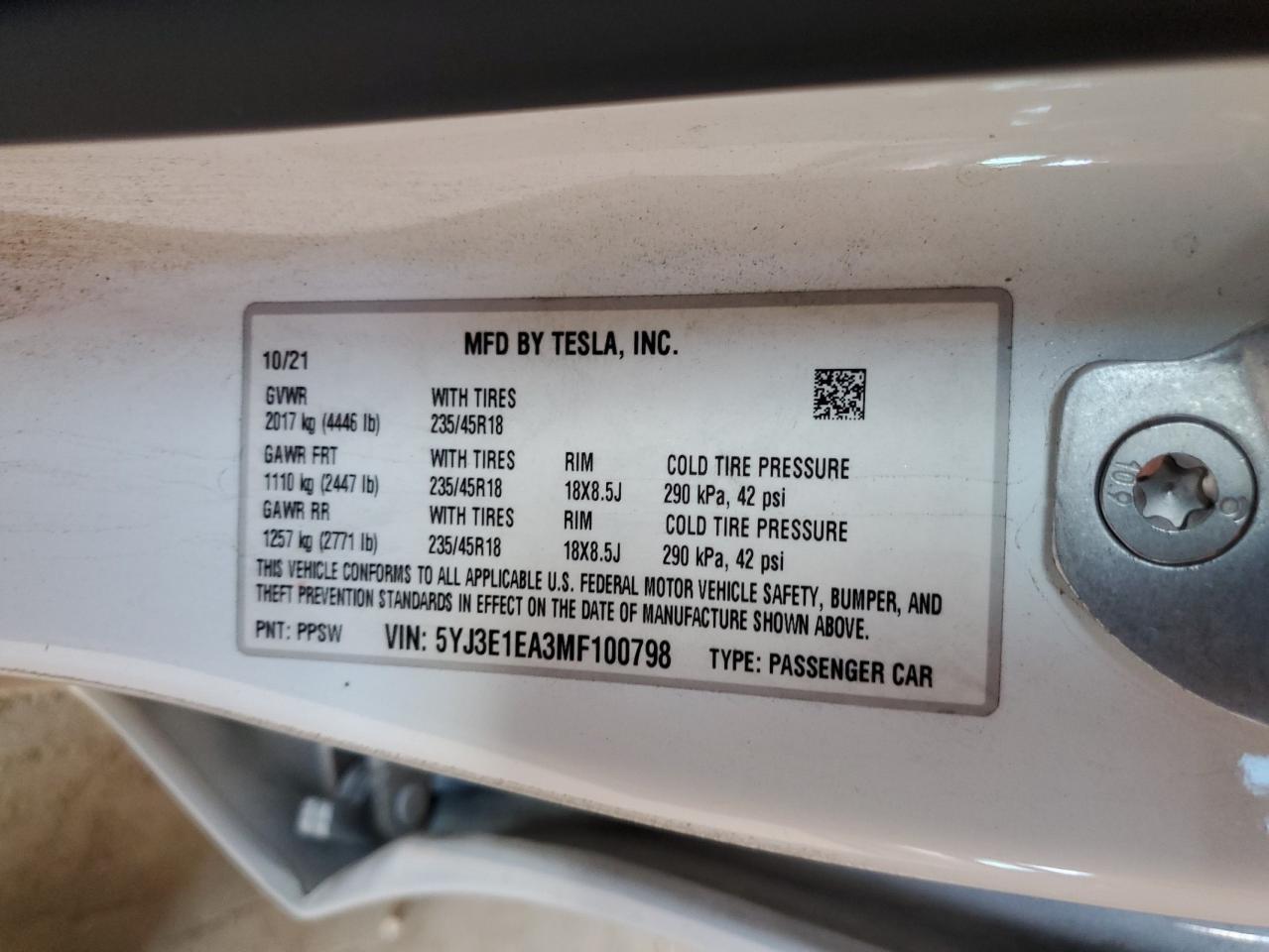 2021 Tesla Model 3 VIN: 5YJ3E1EA3MF100798 Lot: 71745195