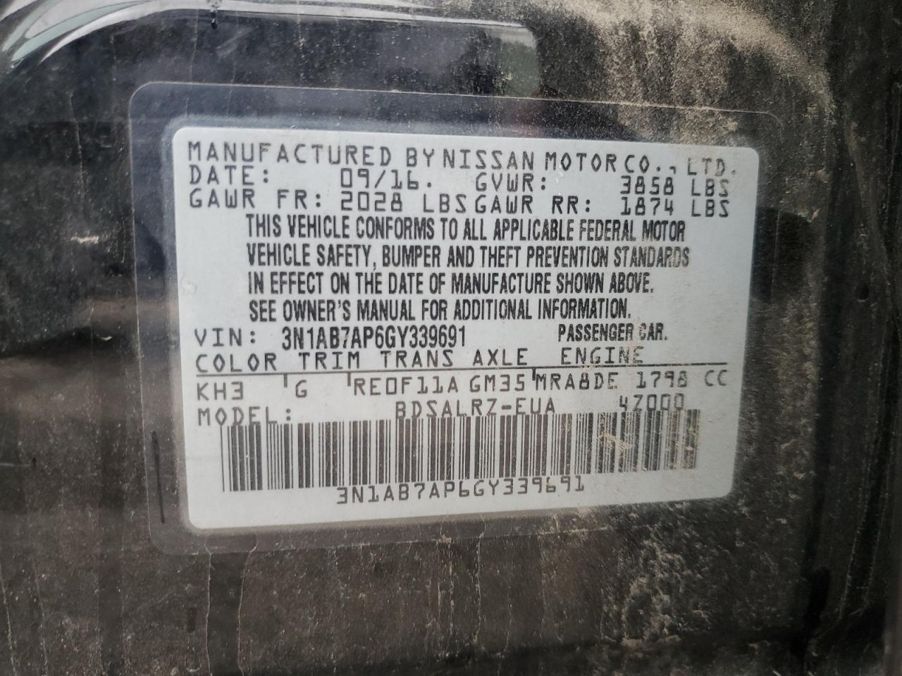 2016 Nissan Sentra S VIN: 3N1AB7AP6GY339691 Lot: 83749685