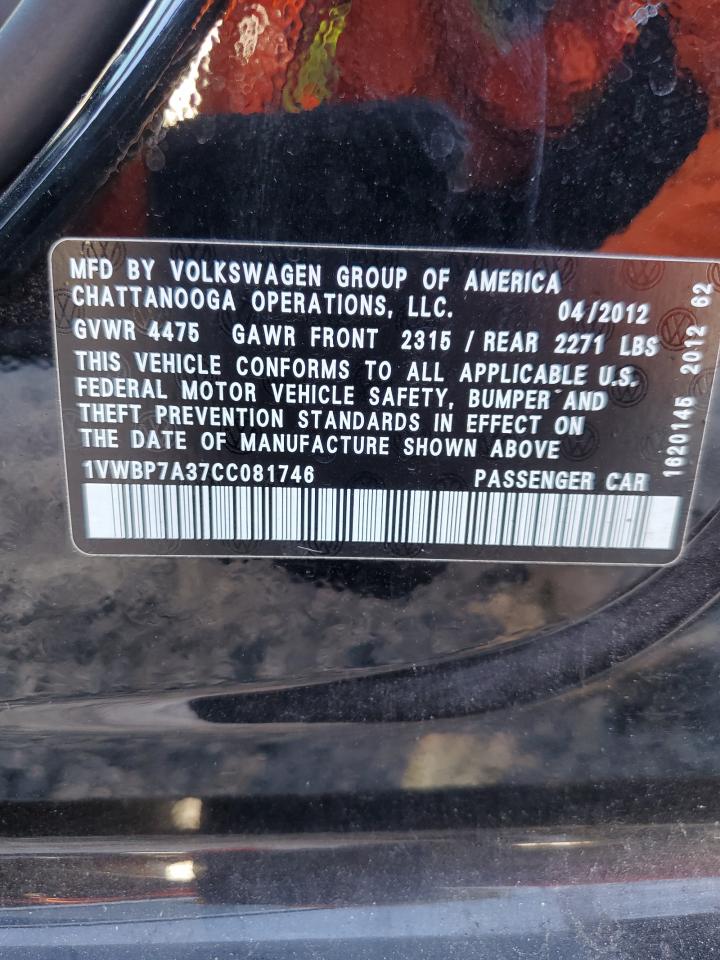 2012 Volkswagen Passat Se VIN: 1VWBP7A37CC081746 Lot: 81863645