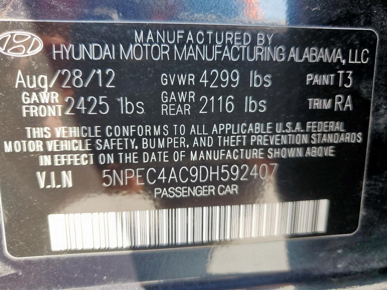 2013 Hyundai Sonata Se VIN: 5NPEC4AC9DH592407 Lot: 80921005