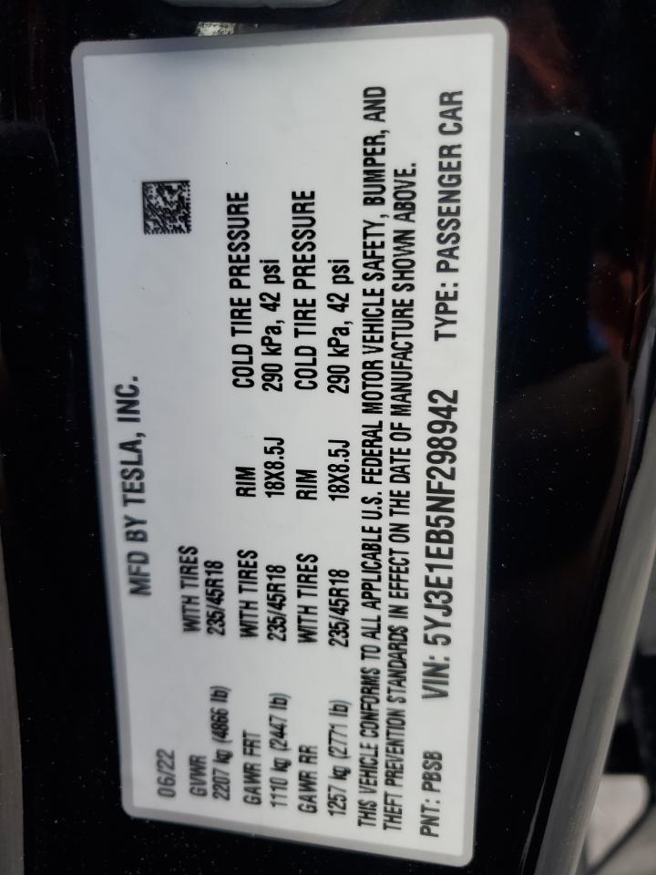 2022 Tesla Model 3 VIN: 5YJ3E1EB5NF298942 Lot: 81497405