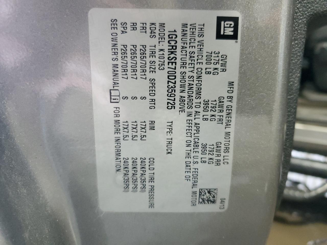 2013 Chevrolet Silverado K1500 Lt VIN: 1GCRKSE70DZ359725 Lot: 81488255