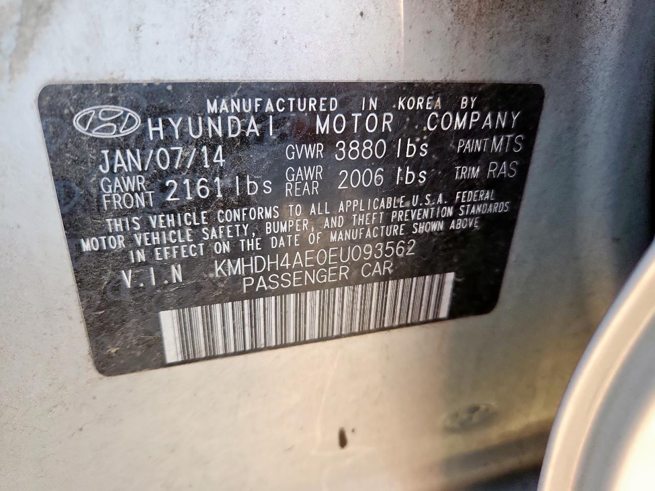 2014 Hyundai Elantra Se VIN: KMHDH4AE0EU093562 Lot: 80903045