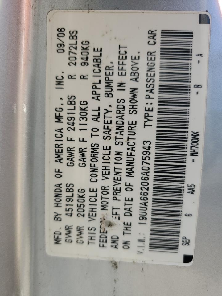 2006 Acura 3.2Tl VIN: 19UUA66206A075943 Lot: 71490295