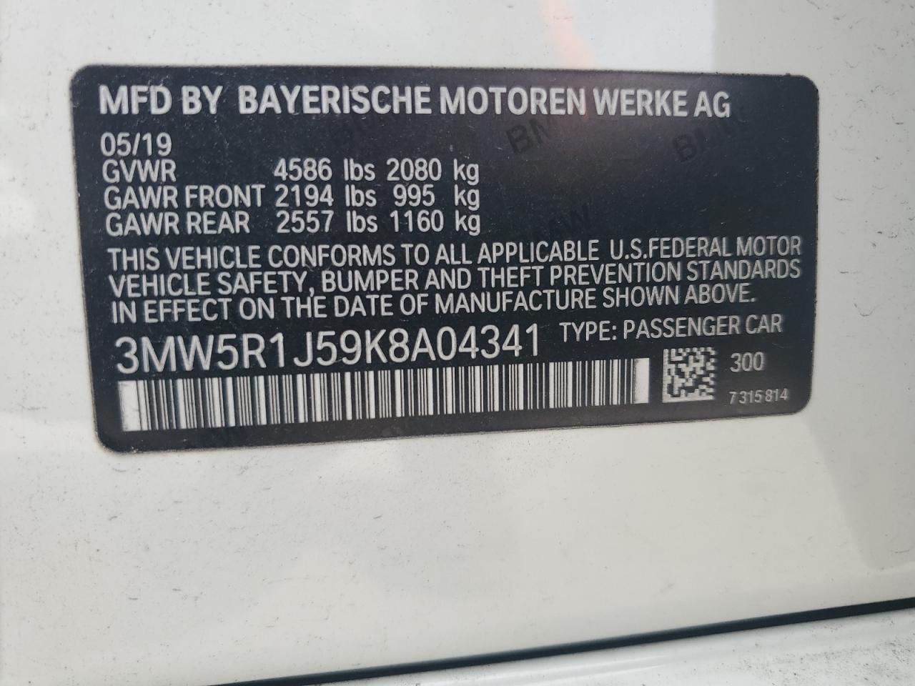 2019 BMW 330I VIN: 3MW5R1J59K8A04341 Lot: 80729795