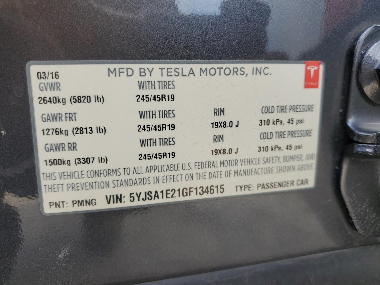 2016 Tesla Model S VIN: 5YJSA1E21GF134615 Lot: 71918225