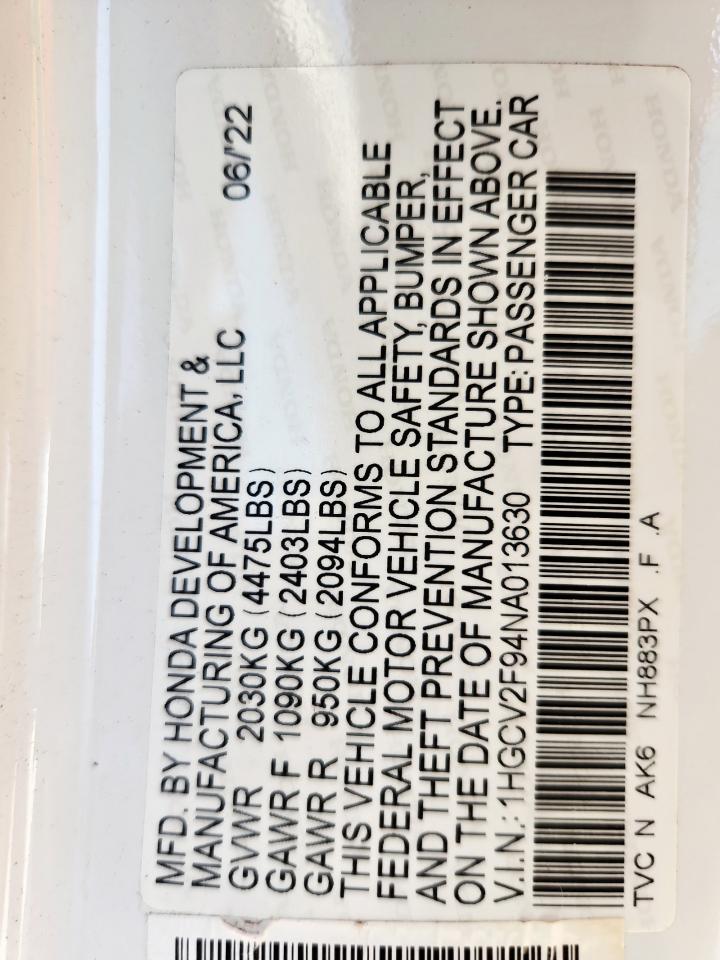 2021 Honda Accord Touring VIN: 1HGCV2F94NA013630 Lot: 84469305