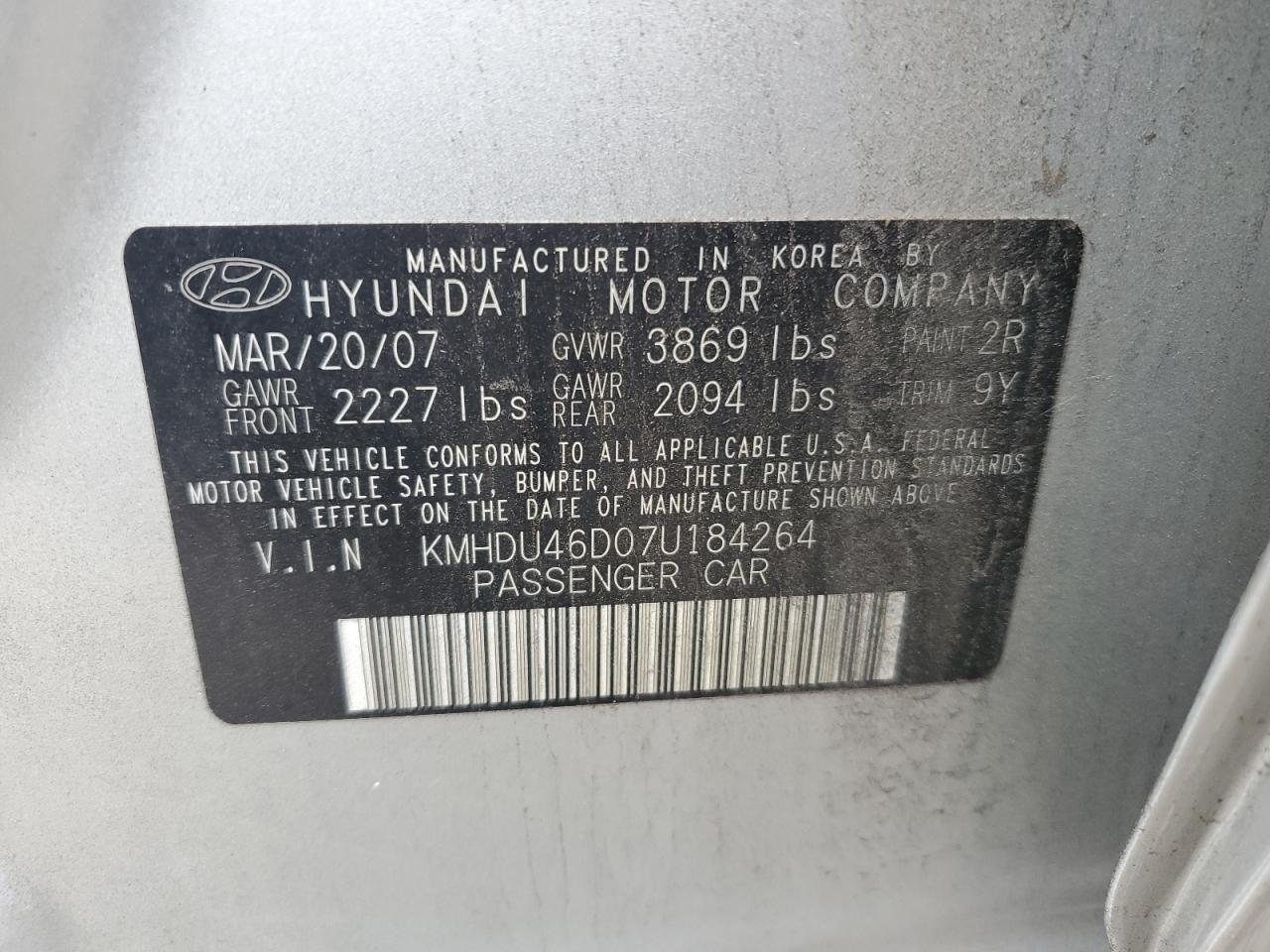 2007 Hyundai Elantra Gls VIN: KMHDU46D07U184264 Lot: 80959965