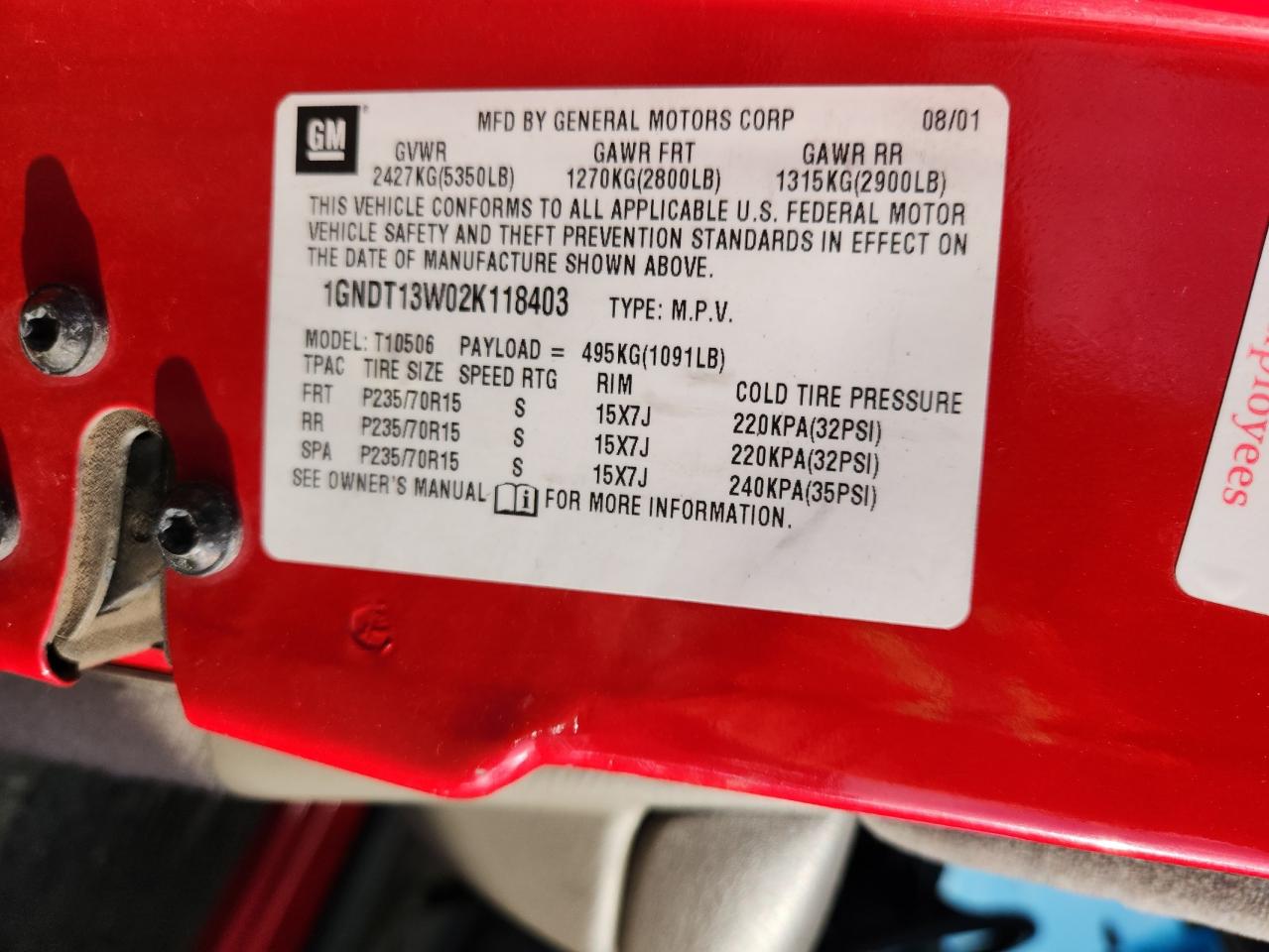 2002 Chevrolet Blazer VIN: 1GNDT13W02K118403 Lot: 81953685