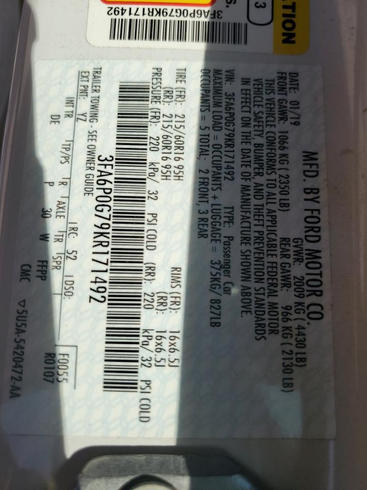 2019 Ford Fusion S VIN: 3FA6P0G79KR171492 Lot: 83873205