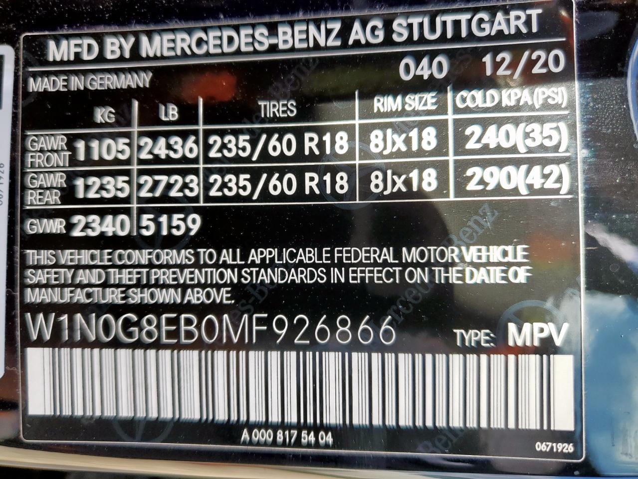 2021 Mercedes-Benz Glc 300 4Matic VIN: W1N0G8EB0MF926866 Lot: 81380825