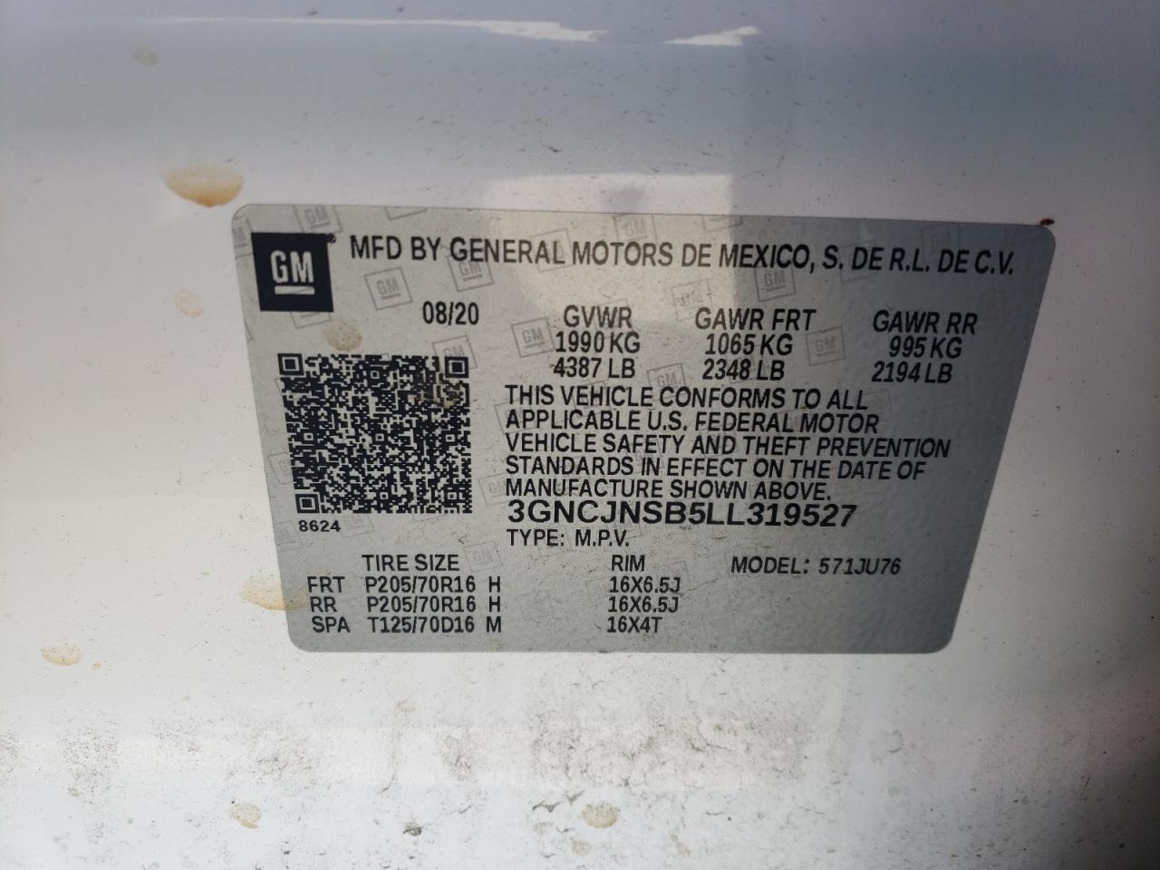 2020 Chevrolet Trax Ls VIN: 3GNCJNSB5LL319527 Lot: 80199865