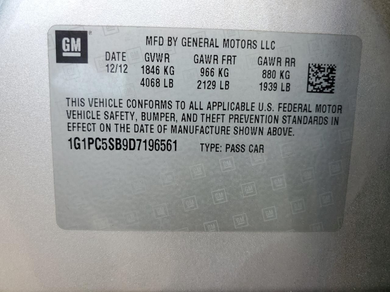 2013 Chevrolet Cruze Lt VIN: 1G1PC5SB9D7196561 Lot: 81310875