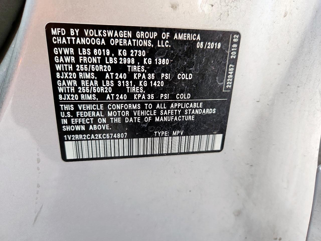 2019 Volkswagen Atlas Sel VIN: 1V2RR2CA2KC574807 Lot: 84032955