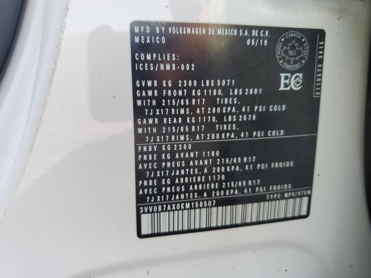 2019 Volkswagen Tiguan S VIN: 3VV0B7AX0KM156507 Lot: 72029195