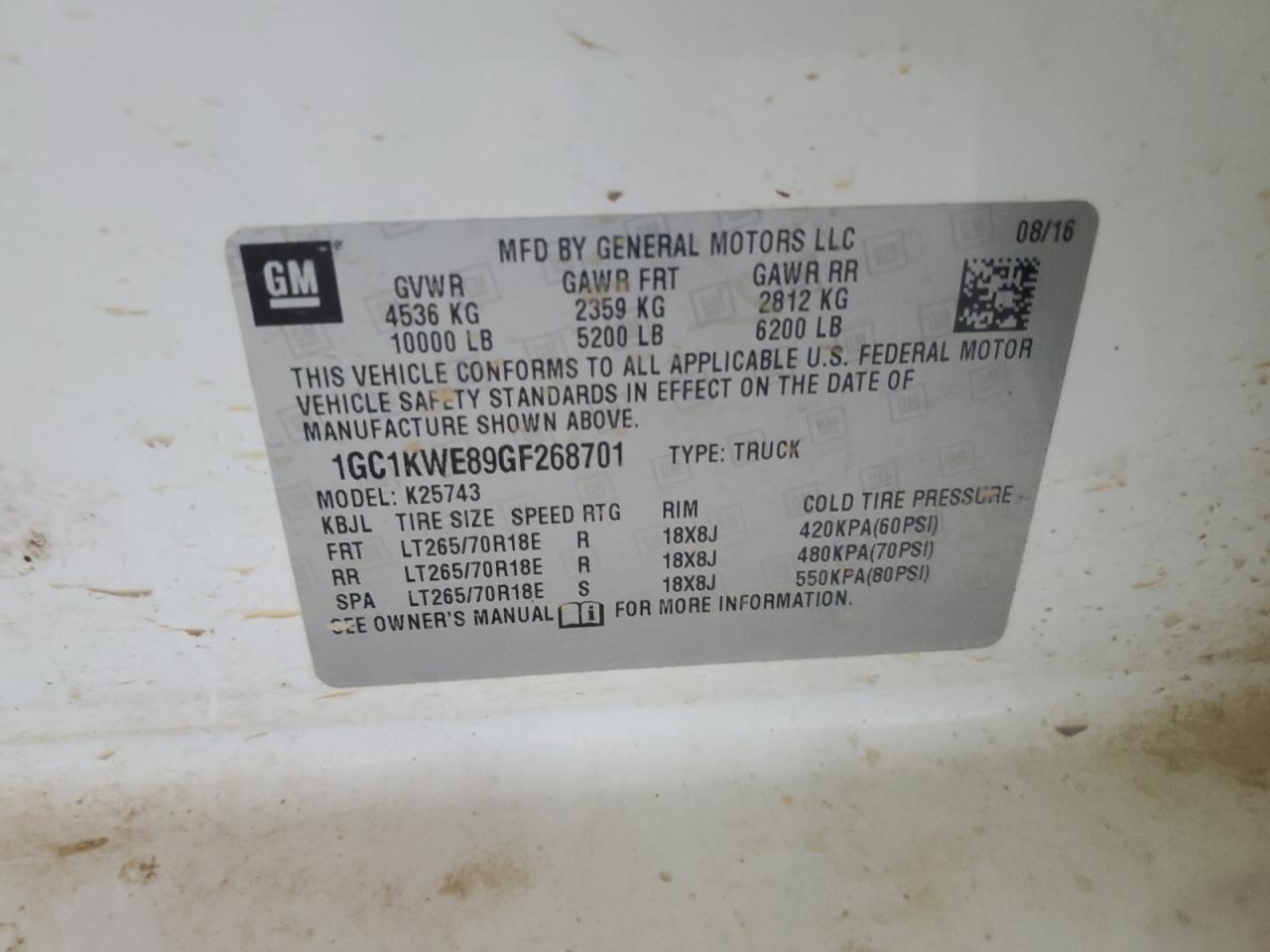 2016 Chevrolet Silverado K2500 Heavy Duty Ltz VIN: 1GC1KWE89GF268701 Lot: 80832745