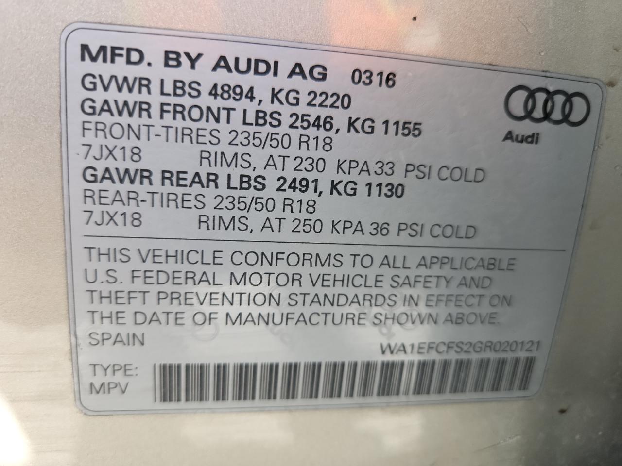 2016 Audi Q3 Premium Plus VIN: WA1EFCFS2GR020121 Lot: 81427915