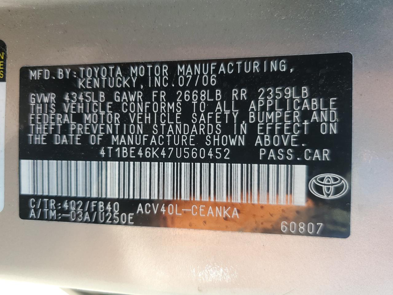 2007 Toyota Camry Ce VIN: 4T1BE46K47U560452 Lot: 80208855