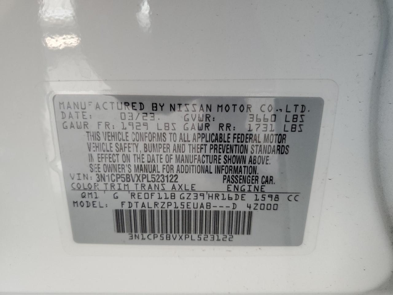 2023 Nissan Kicks S VIN: 3N1CP5BVXPL523122 Lot: 81343475