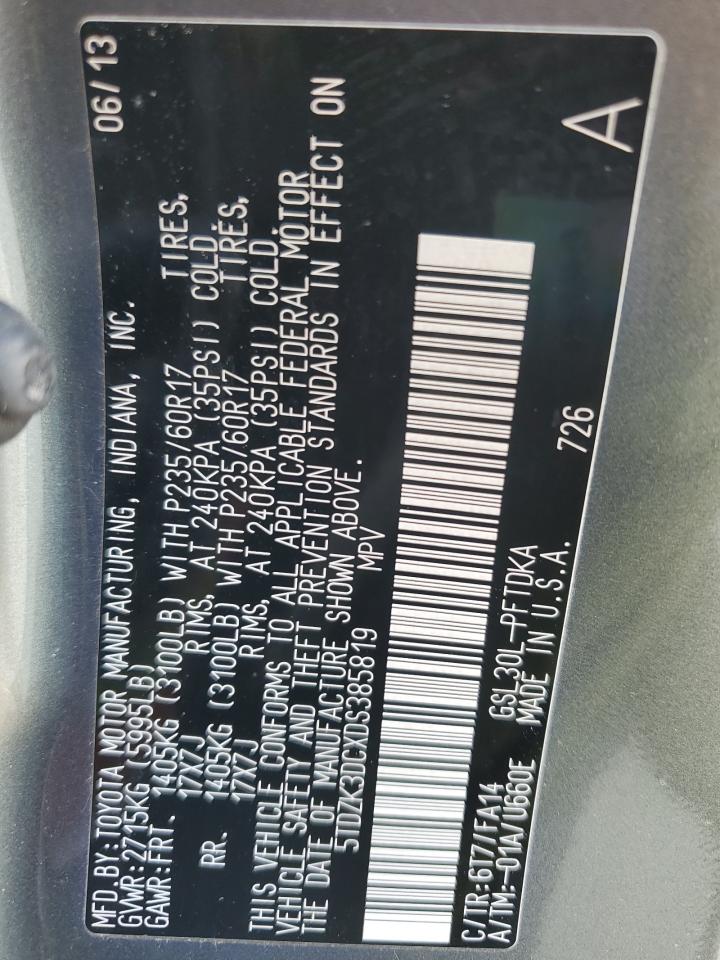 2013 Toyota Sienna VIN: 5TDZK3DCXDS385819 Lot: 84283135