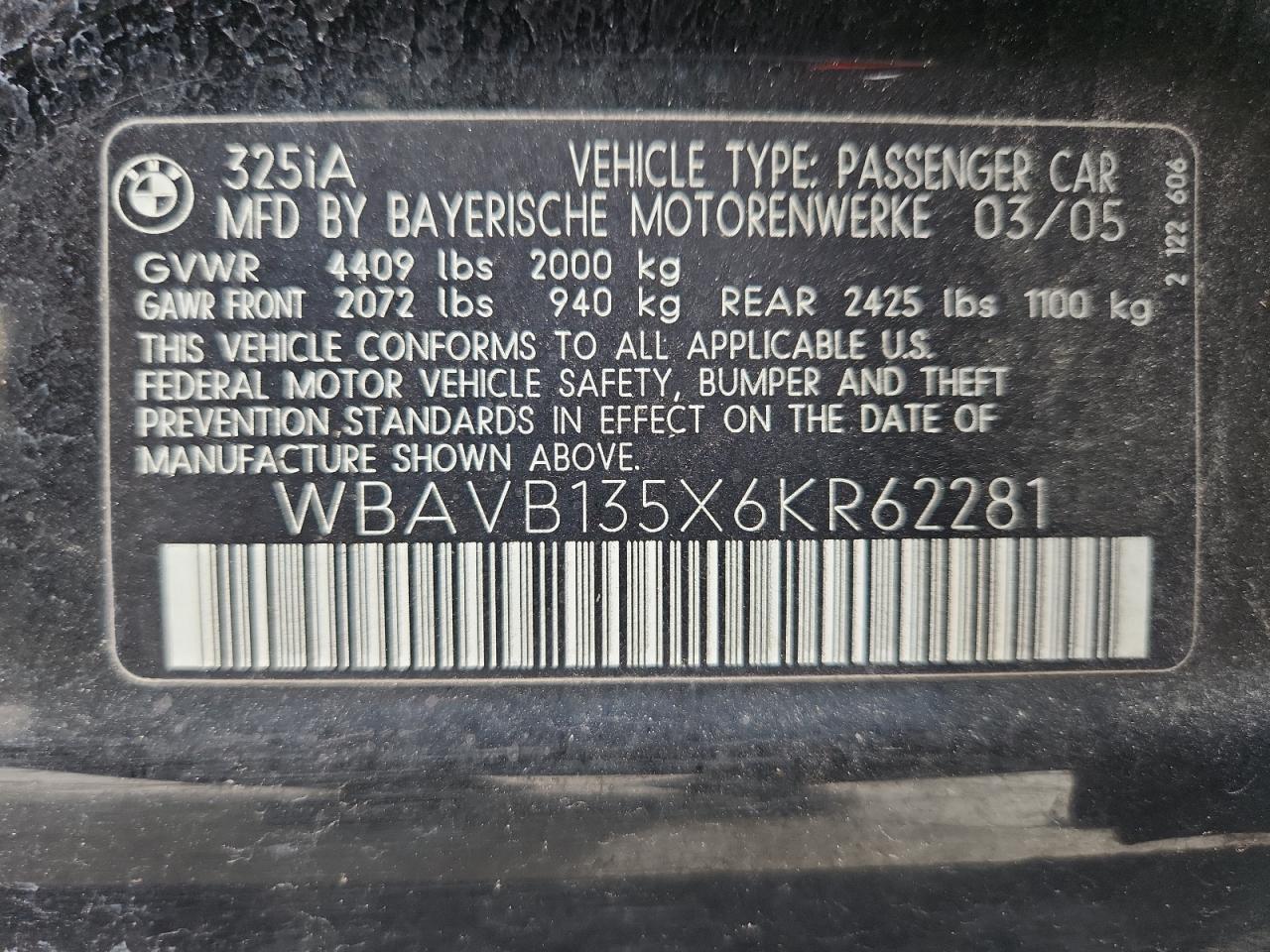 2006 BMW 325 I VIN: WBAVB135X6KR62281 Lot: 82076885