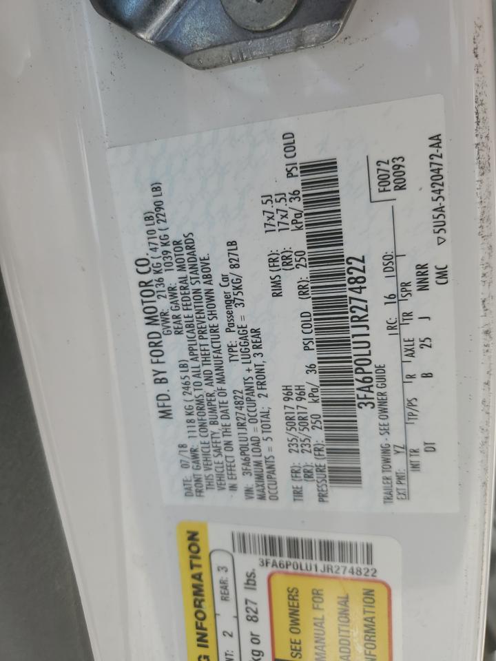 2018 Ford Fusion Se Hybrid VIN: 3FA6P0LU1JR274822 Lot: 81285535