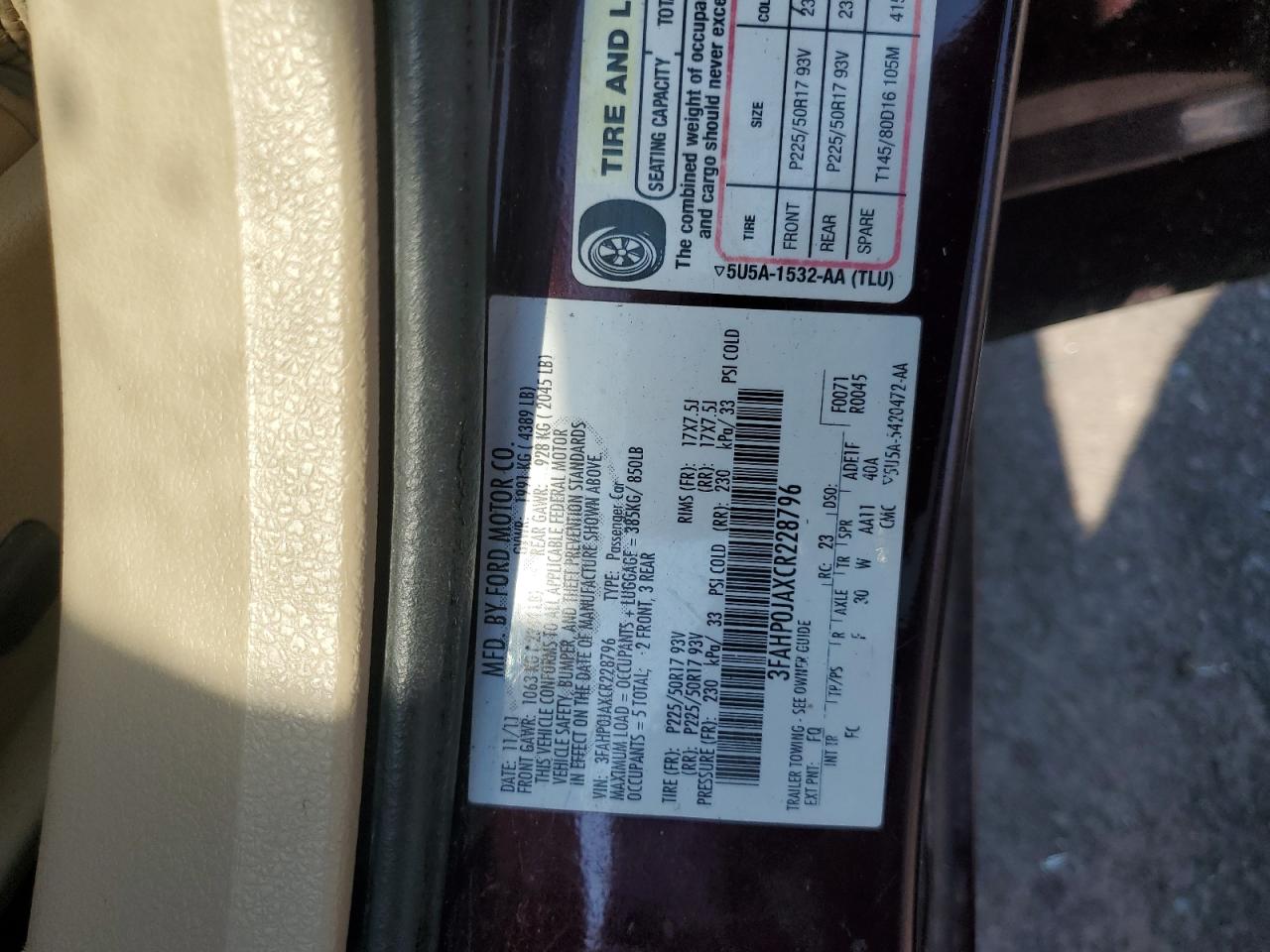 2012 Ford Fusion Sel VIN: 3FAHP0JAXCR228796 Lot: 80739595