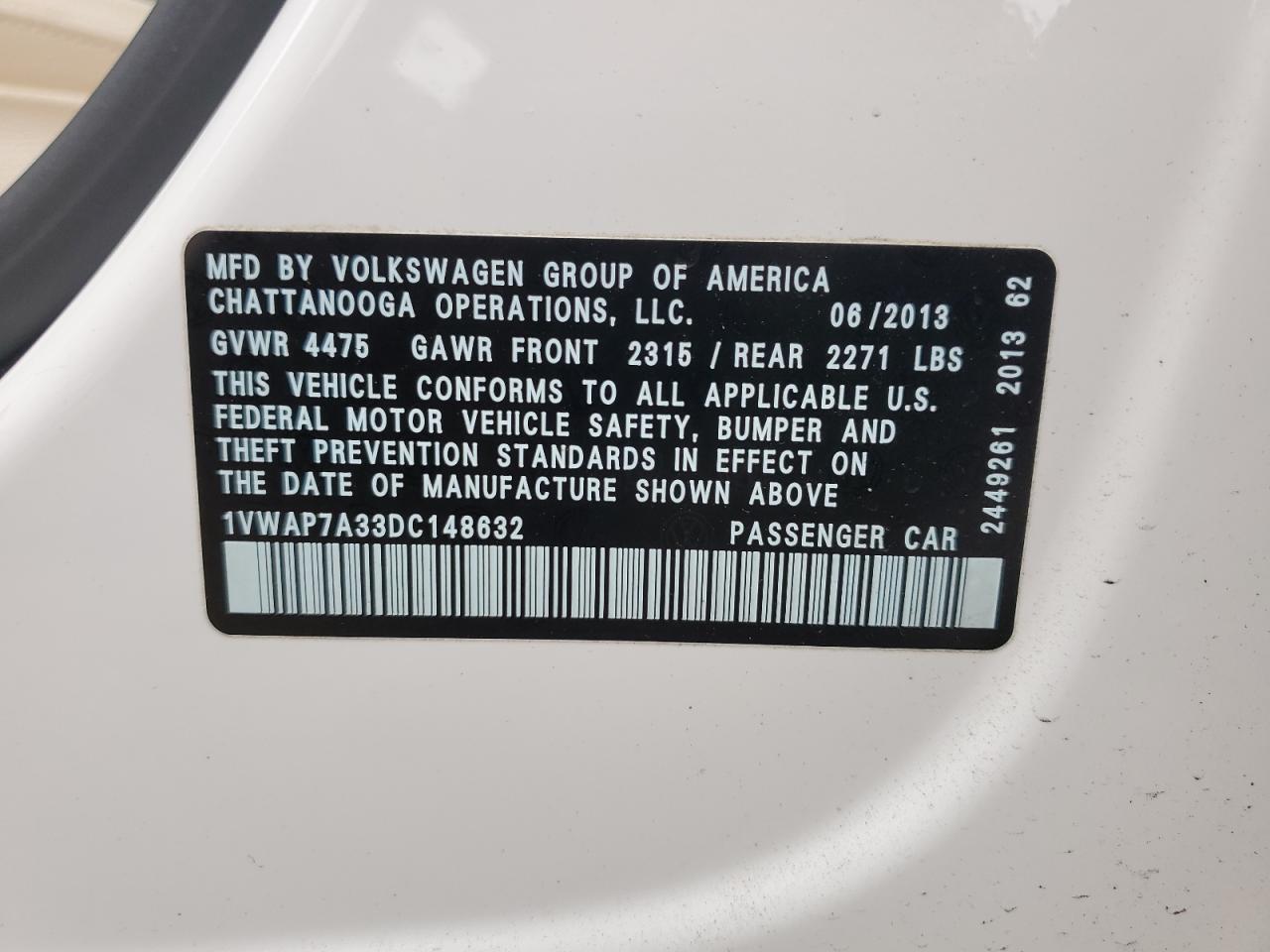 2013 Volkswagen Passat S VIN: 1VWAP7A33DC148632 Lot: 81716685