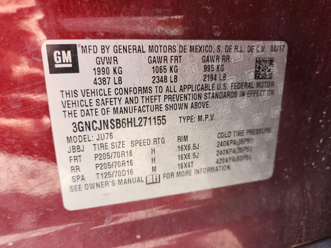 2017 Chevrolet Trax Ls VIN: 3GNCJNSB6HL271155 Lot: 81061285