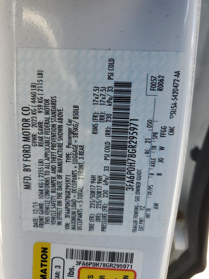 2016 Ford Fusion Se VIN: 3FA6P0H78GR295971 Lot: 84231485