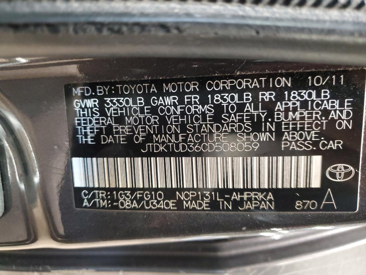 2012 Toyota Yaris VIN: JTDKTUD38C0S08059 Lot: 81373665