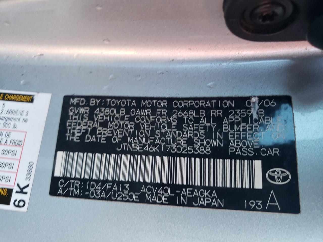 2007 Toyota Camry Ce VIN: JTNBE46K173025388 Lot: 81108795