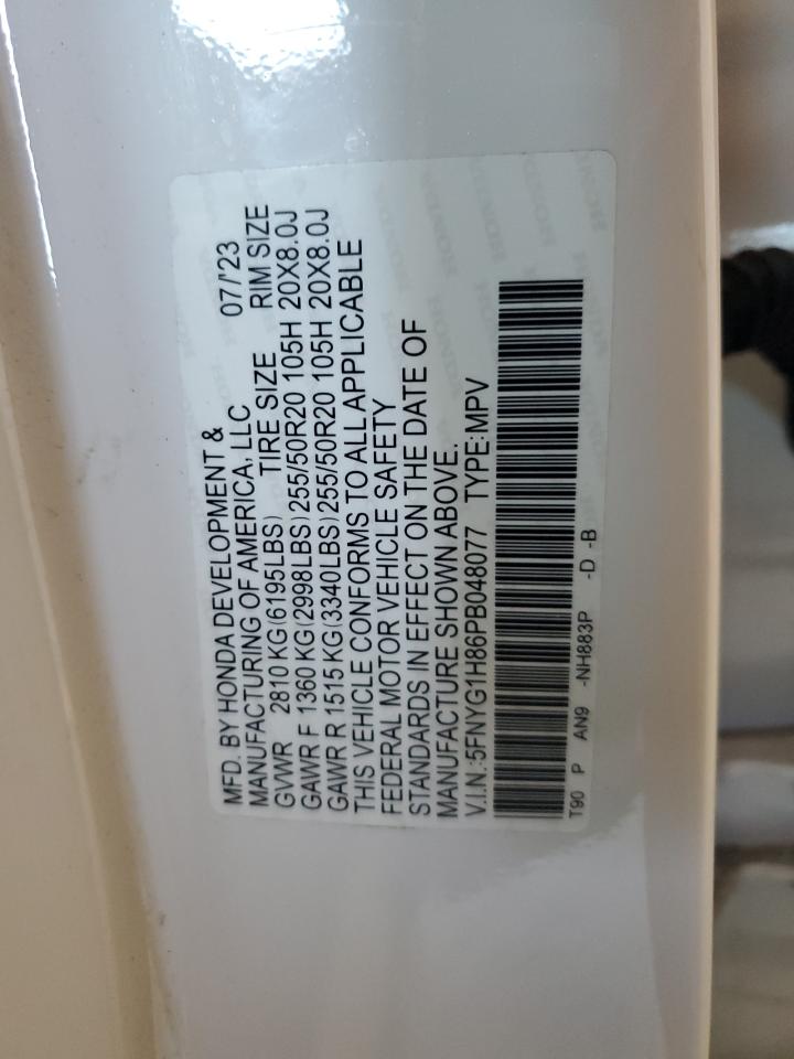 2023 Honda Pilot Elite VIN: 5FNYG1H86PB048077 Lot: 80201965