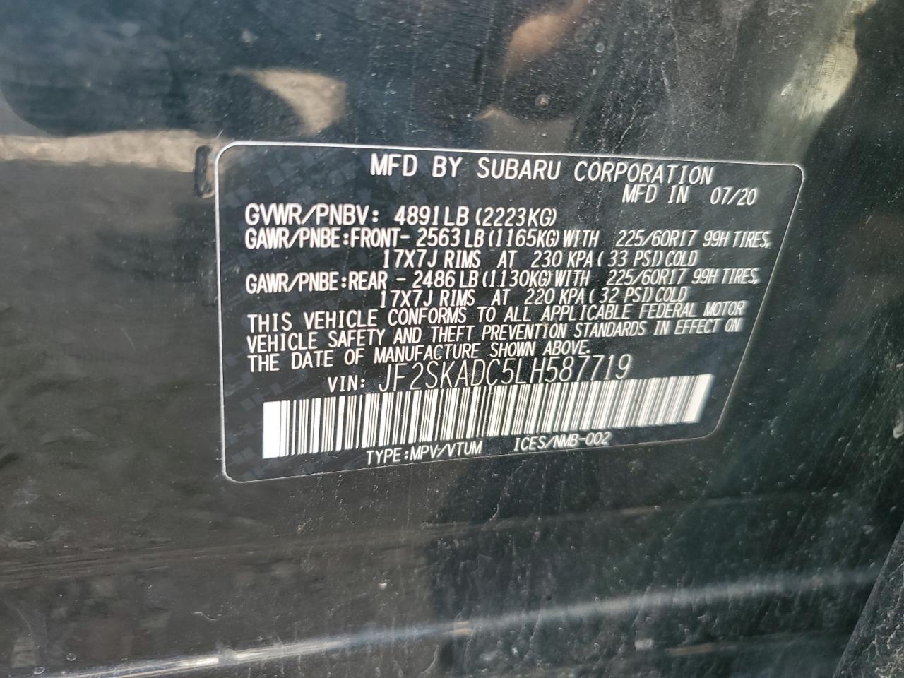 2020 Subaru Forester VIN: JF2SKADC5LH587719 Lot: 71072935
