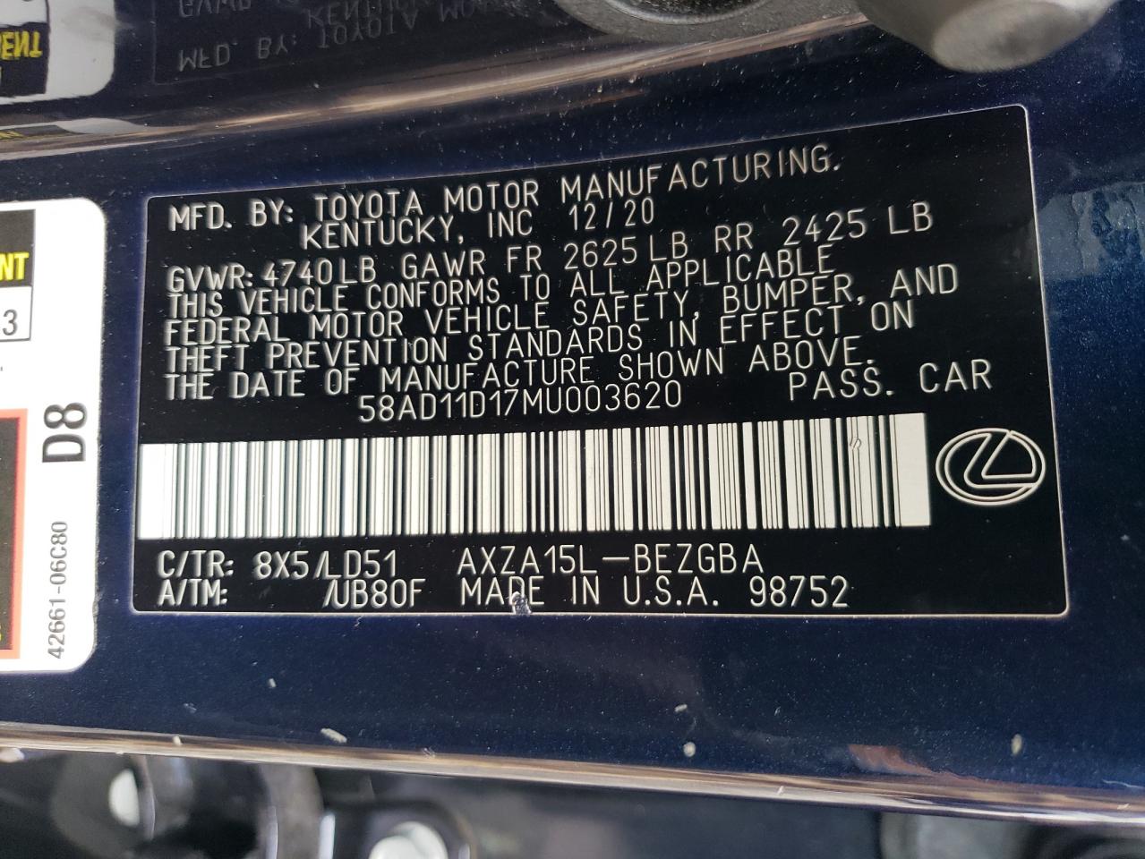 2021 Lexus Es 250 Base VIN: 58AD11D17MU003620 Lot: 84181285