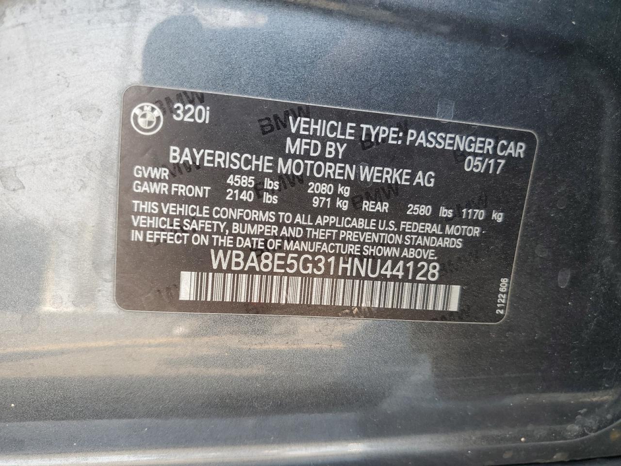 2017 BMW 320 Xi VIN: WBA8E5G31HNU44128 Lot: 70943715