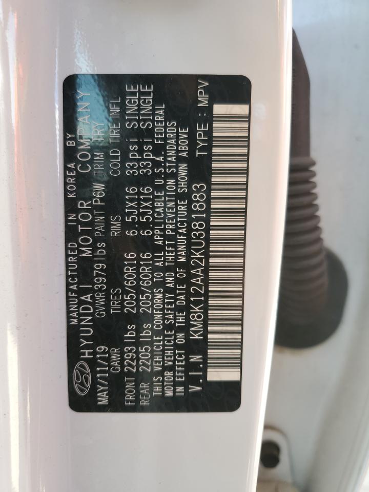 2019 Hyundai Kona Se VIN: KM8K12AA2KU381883 Lot: 82106055