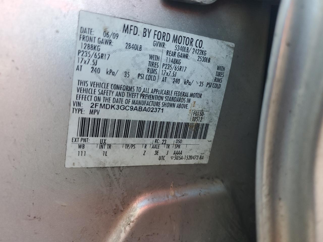 2010 Ford Edge Se VIN: 2FMDK3GC9ABA02371 Lot: 82075125