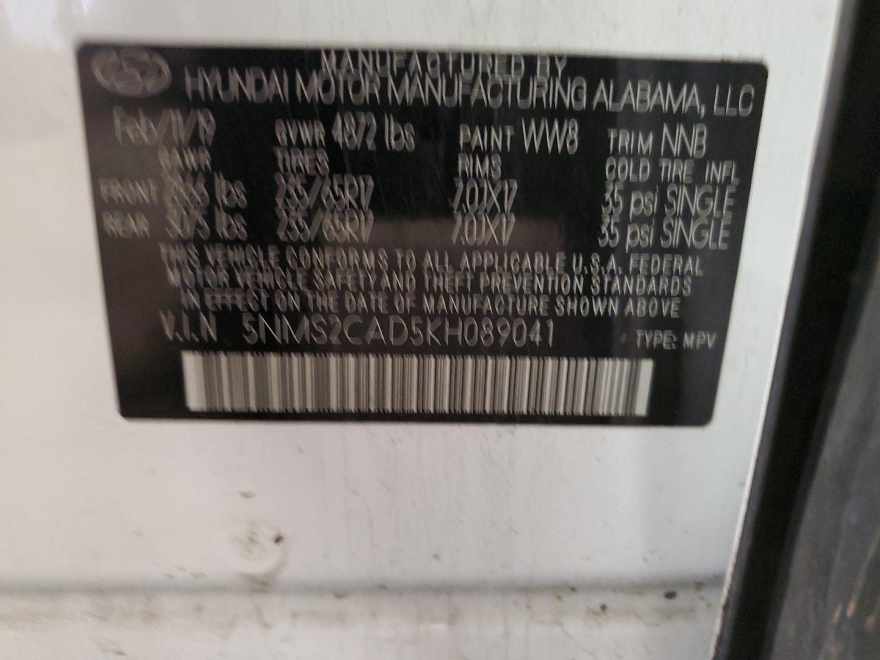 2019 Hyundai Santa Fe Se VIN: 5NMS2CAD5KH089041 Lot: 83771585