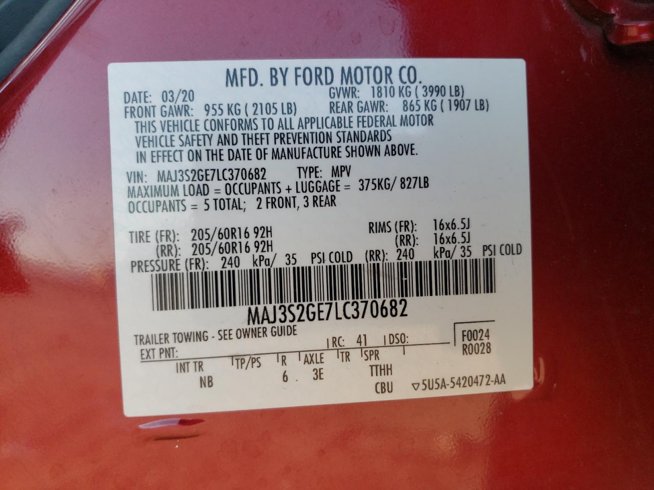 2020 Ford Ecosport Se VIN: MAJ3S2GE7LC370682 Lot: 80944115