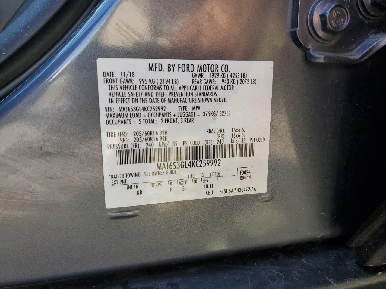 2019 Ford Ecosport Se VIN: MAJ6S3GL4KC259992 Lot: 70929435