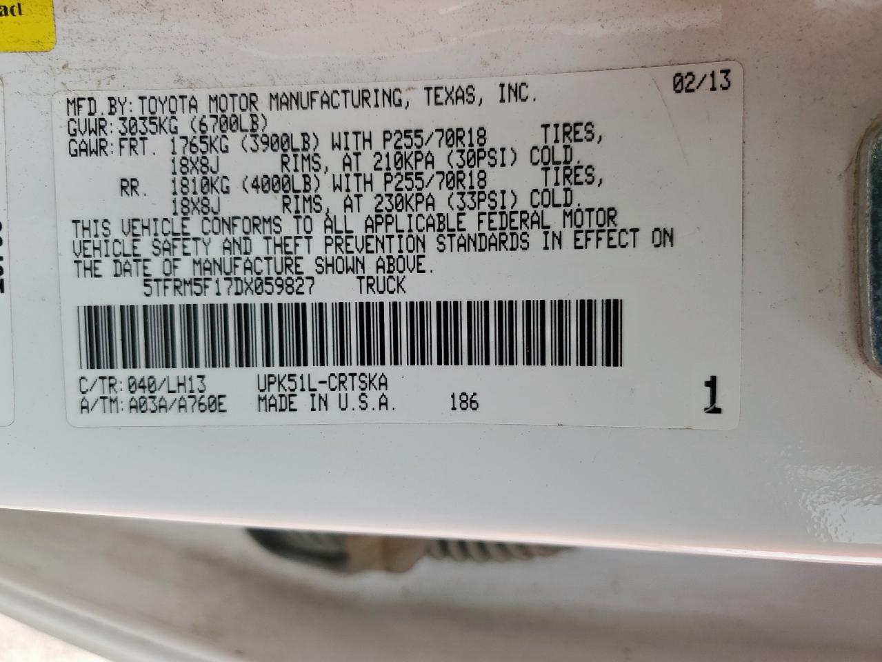 2013 Toyota Tundra Double Cab Sr5 VIN: 5TFRM5F17DX059827 Lot: 71918435